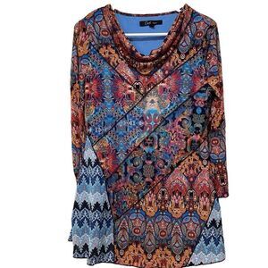 Calessa Womens Tunic S Blue Cowlneck 3/4 Sleeve Crocheted Patchwork Paisley